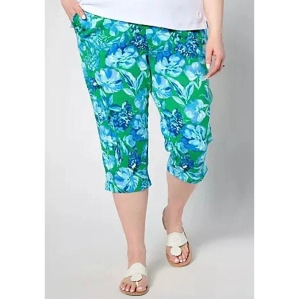 Belle by Kim Gravel Perfect Pique Fresh Picked Capri Pants Green Blue Floral 5X